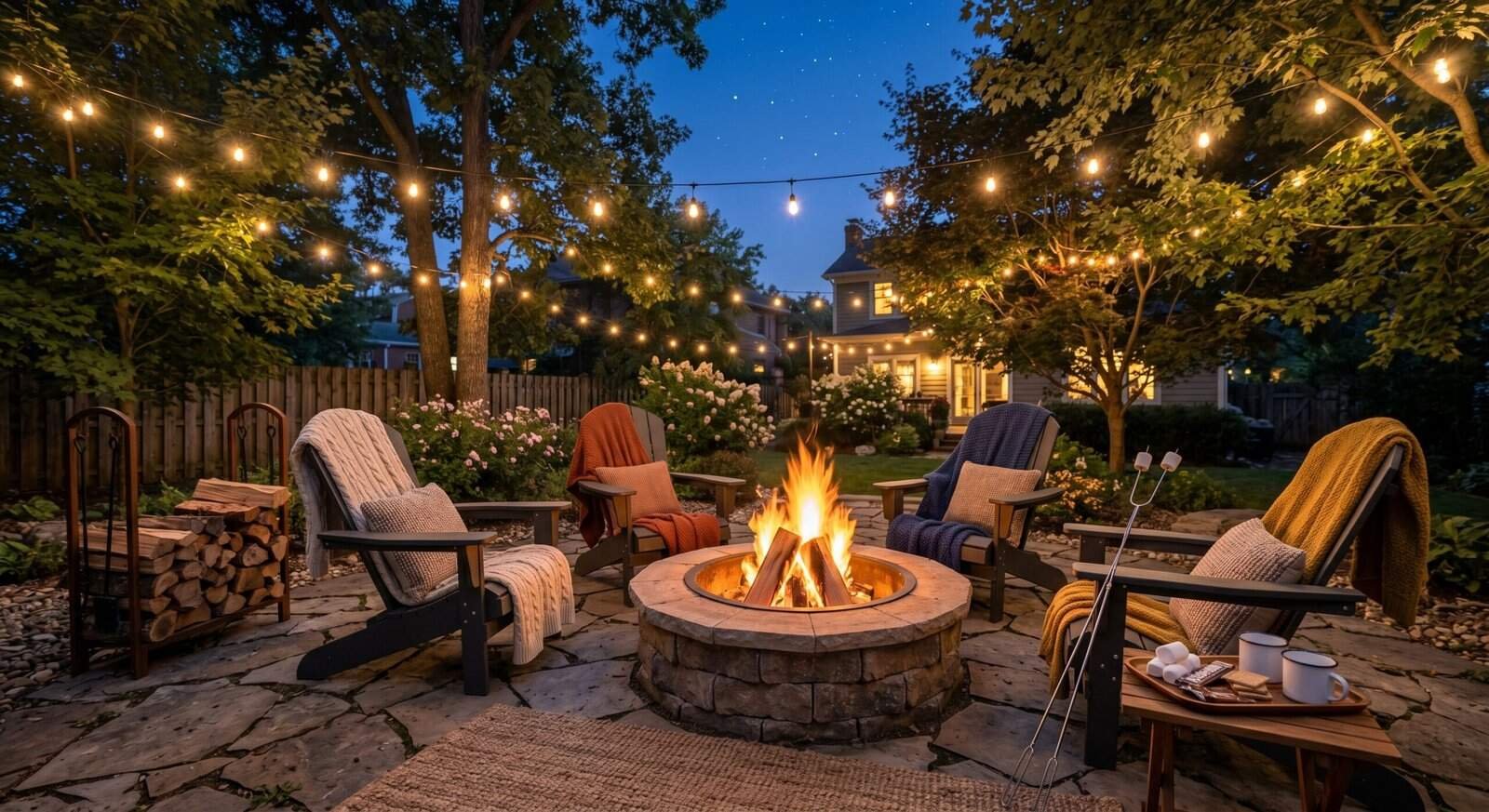 Outdoor firepit with comfortable seating for summer evenings.