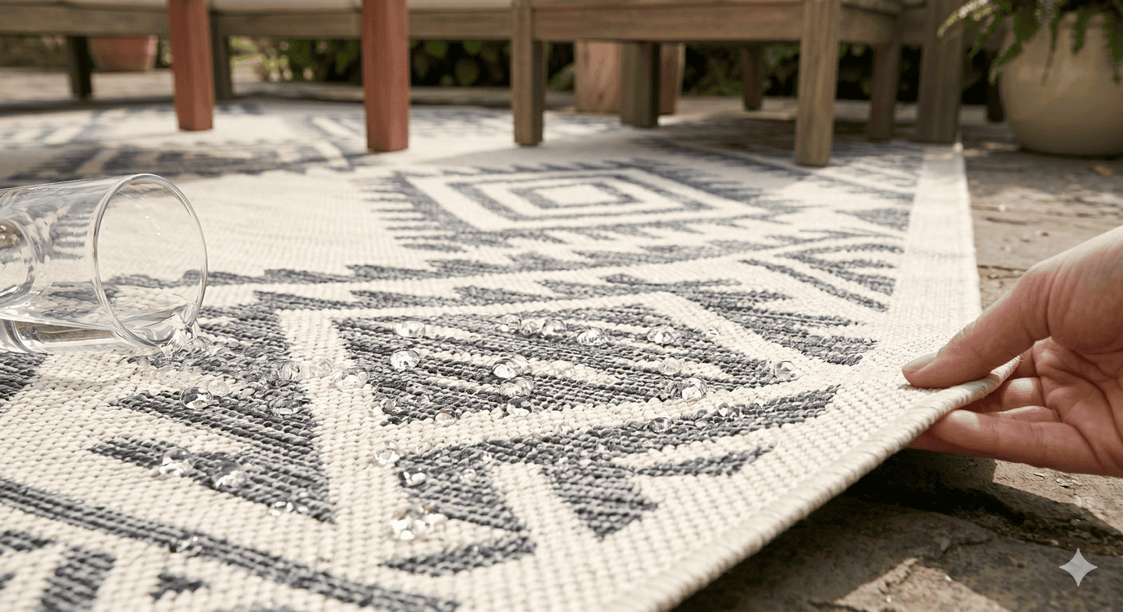 Outdoor rug with geometric design for patio or deck decor.