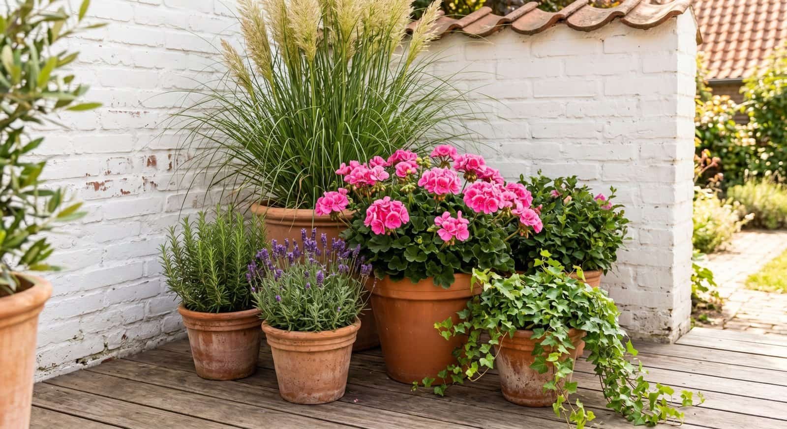 Beautiful outdoor patio with vibrant potted flowers and lush greenery for summer relaxation.